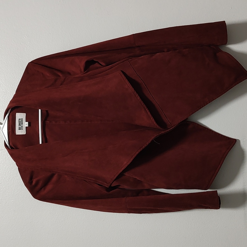 Draped Open Front Rust Faux Suede Jacket